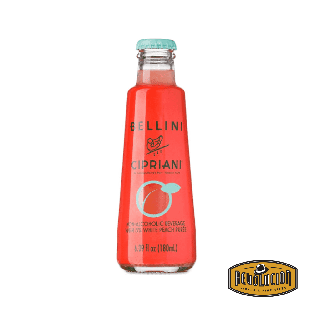 Cipriani Alcohol-Free Bellini Peach 180 mL bottle, featuring the elegant label and the clear, vibrant peach color of the drink inside.