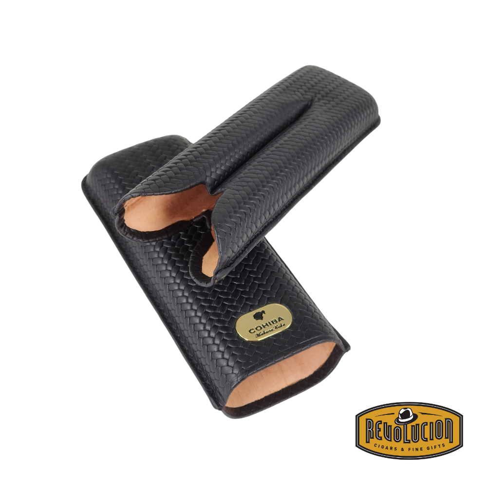 Black Cohiba adjustable herringbone cigar case with a sleek design and gold branding on the front.