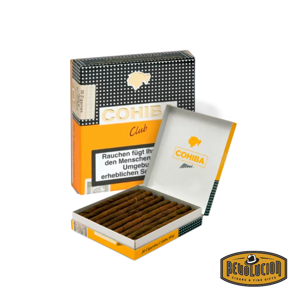 Cohiba Club Medium-Strength Cuban Cigarillo – a sleek, small-format cigarillo featuring a golden-brown wrapper and the iconic black and gold Cohiba branding, offering a refined mini smoking experience.