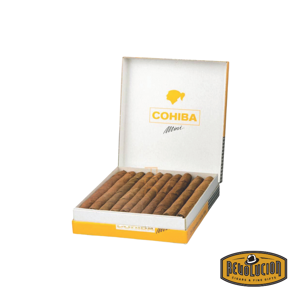 Cohiba Mini Medium-Strength Cuban Cigarillo, opened box displaying cigarillos inside.