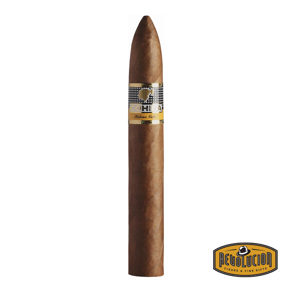 Single Cohiba Pirámides Extra Cuban cigar with a tapered torpedo shape, smooth dark wrapper, and signature black-and-gold Cohiba band.