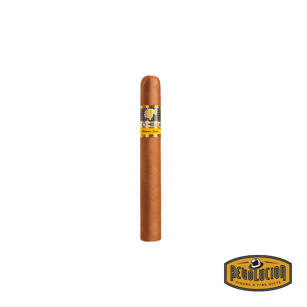 Cohiba Siglo 2 H/M Petit Corona Cuban cigar on a white background with the Revolucion logo, featuring a medium-full strength profile and the signature Cohiba band.