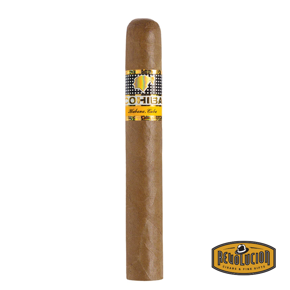 Cohiba Siglo 6 H/M Canonazo Cuban cigar on a white background with the Revolucion logo, showcasing its medium-full strength profile and signature Cohiba band.