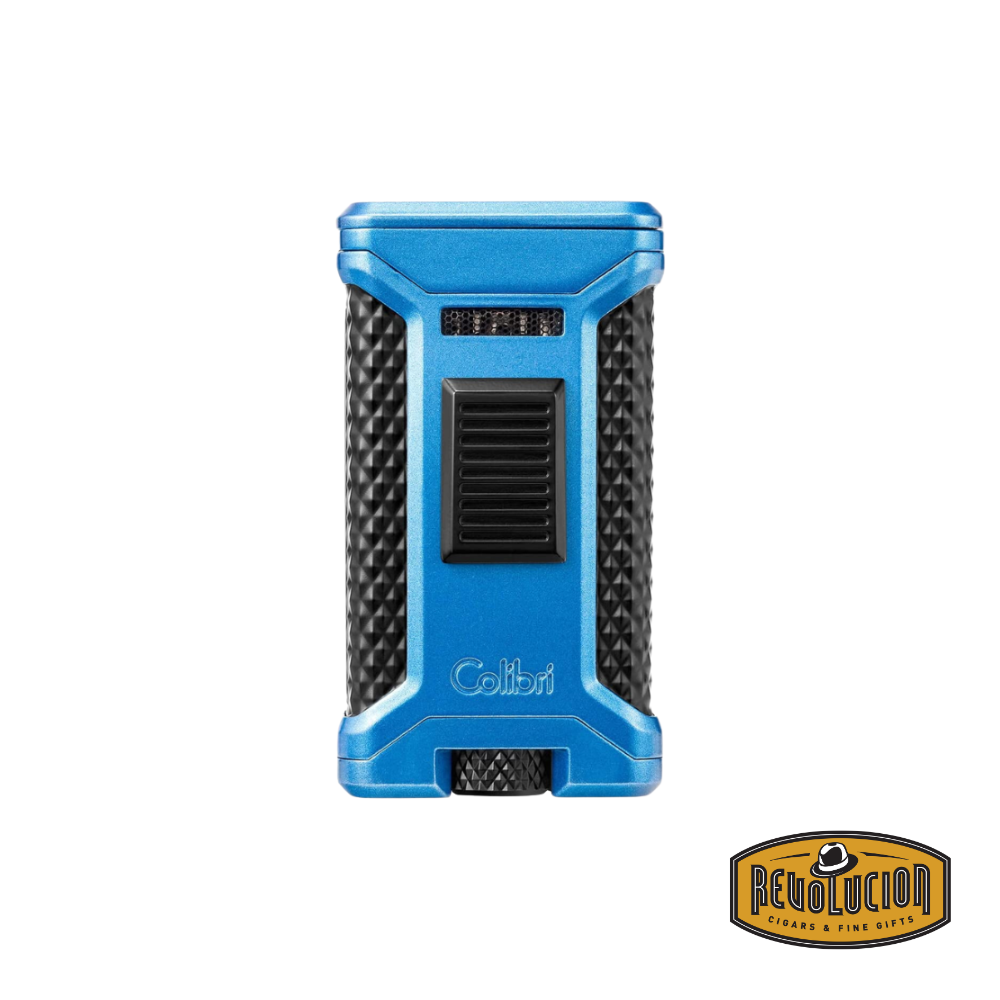 Colibri Ascari Triple Flame Lighter in blue and black, opened and ignited, showcasing its three powerful blue flames and built-in cigar punch cutter.