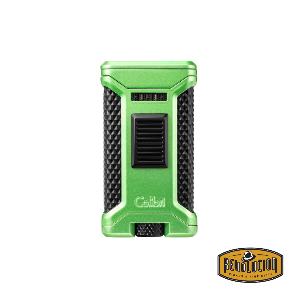 Colibri Ascari Triple Flame Lighter in green, opened and ignited, showcasing its three powerful blue flames and built-in cigar punch cutter.