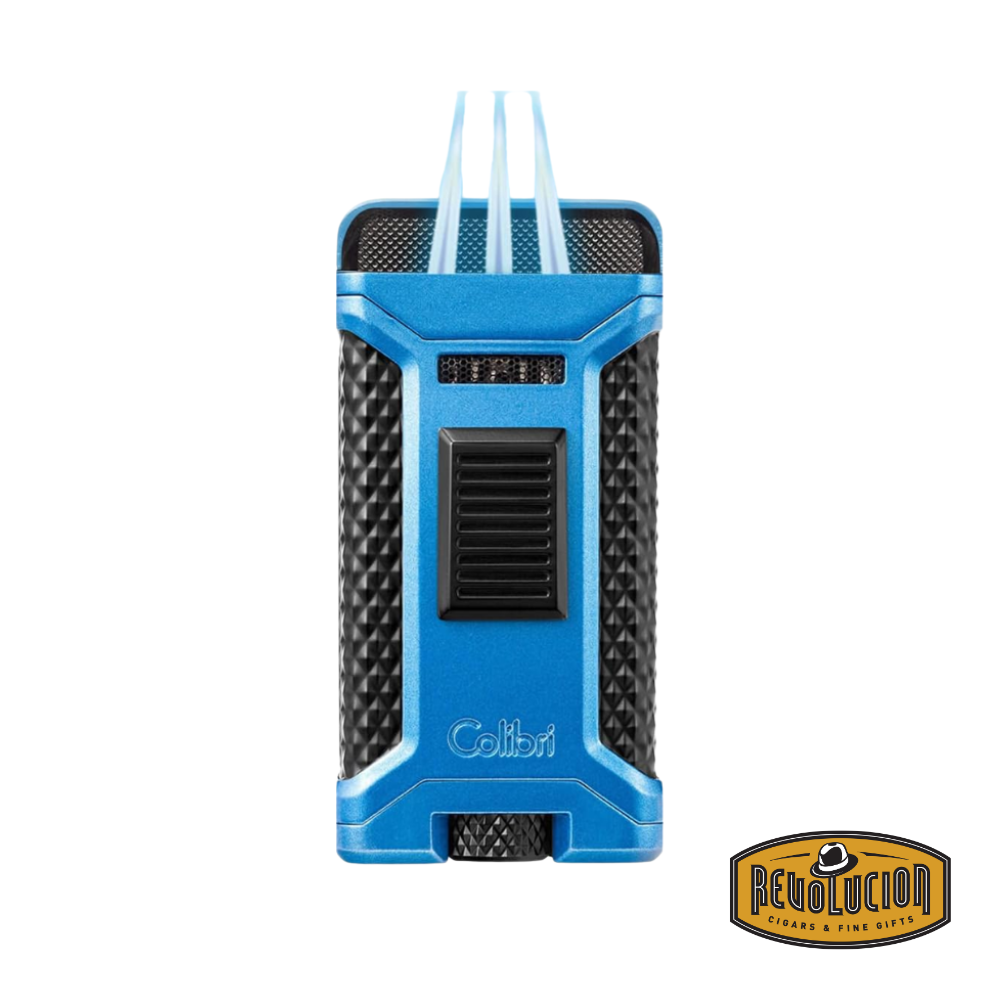 Colibri Ascari Triple Flame Lighter in blue and black, opened and ignited, showcasing its three powerful blue flames and built-in cigar punch cutter.