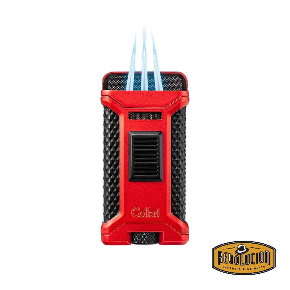 Colibri Ascari Triple Flame Lighter in red, opened and ignited, showcasing its three powerful blue flames and built-in cigar punch cutter.