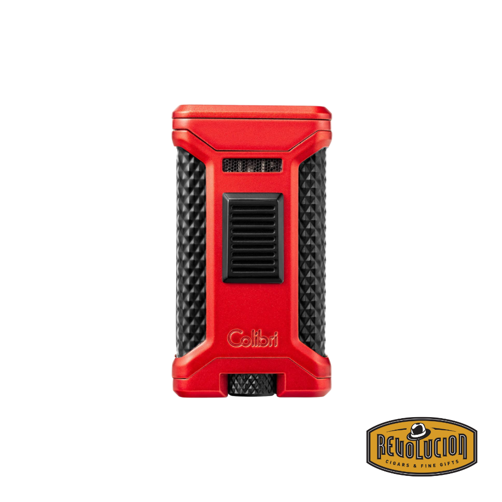 Colibri Ascari Triple Flame Lighter in red, opened and ignited, showcasing its three powerful blue flames and built-in cigar punch cutter.