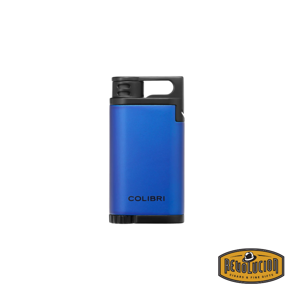 Colibri Belmont Single Jet Flame Lighter in a sleek blue and black finish with an ergonomic design and angled flame nozzle.