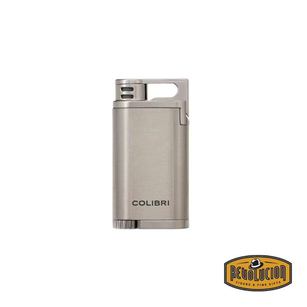 Colibri Belmont Single Jet Flame Lighter in gunmetal finish, featuring a sleek and modern design with the Revolucion logo in the corner.