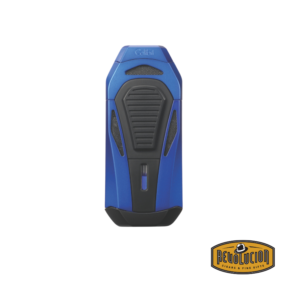 Colibri Boss Triple-Jet Flame Lighter in blue, featuring a built-in cutter for a premium cigar experience.