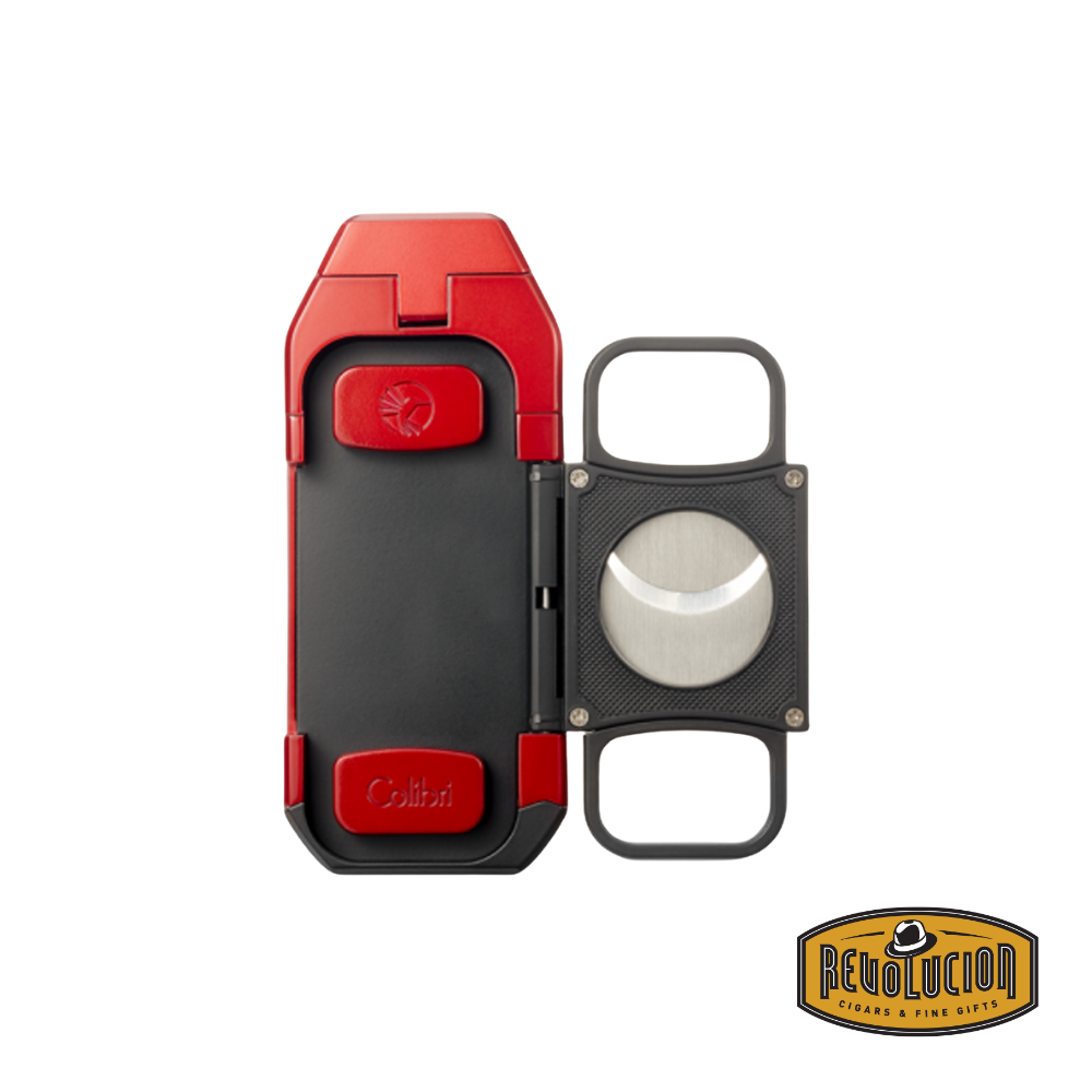 Colibri Boss Triple-Jet Flame Lighter in red, featuring a built-in cutter for an all-in-one cigar accessory.