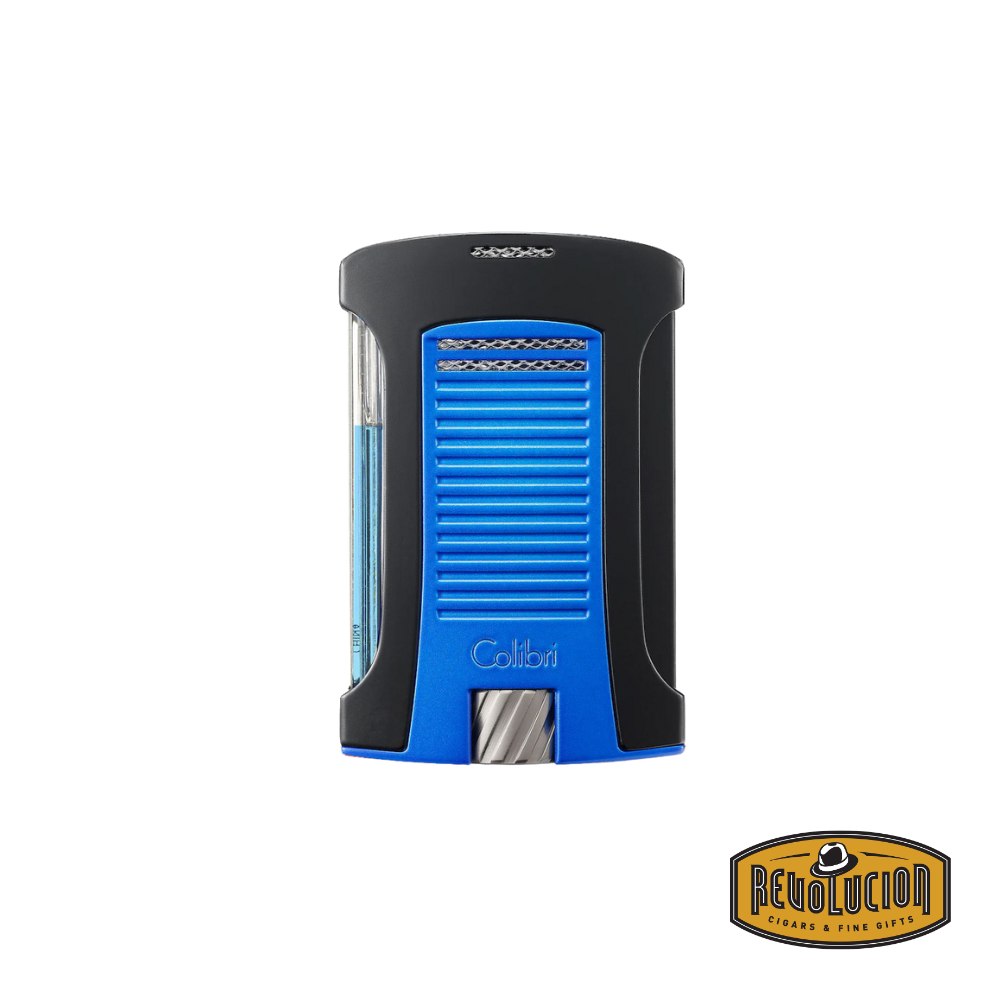 Colibri Daytona Single Jet Flame Cigar Lighter in black and blue, featuring a wind-resistant jet flame and ergonomic design for precision lighting.