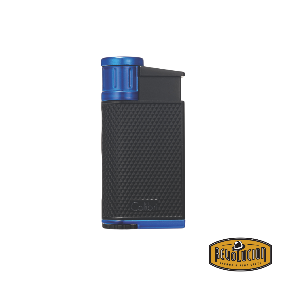 Colibri Evo Angled Single Jet Flame Lighter in Black and Blue, offering a sporty and dynamic appearance.