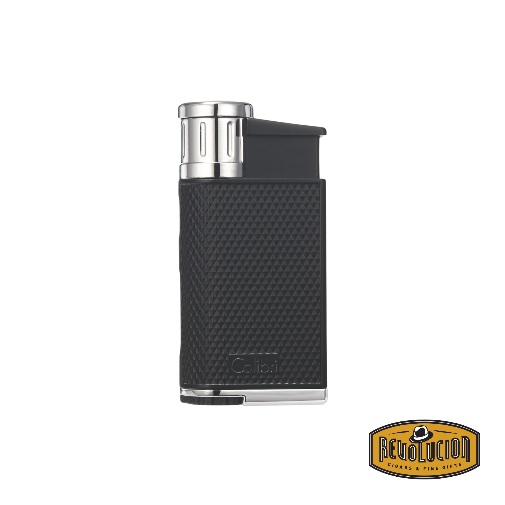 Colibri Evo Angled Single Jet Flame Lighter in Black and Chrome, showcasing a refined, high-contrast look.