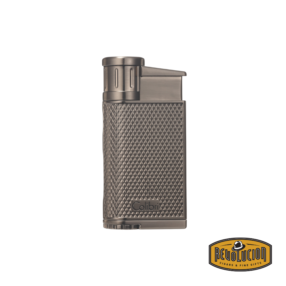 Colibri Evo Angled Single Jet Flame Lighter in Gunmetal with a stylish, matte metallic body.