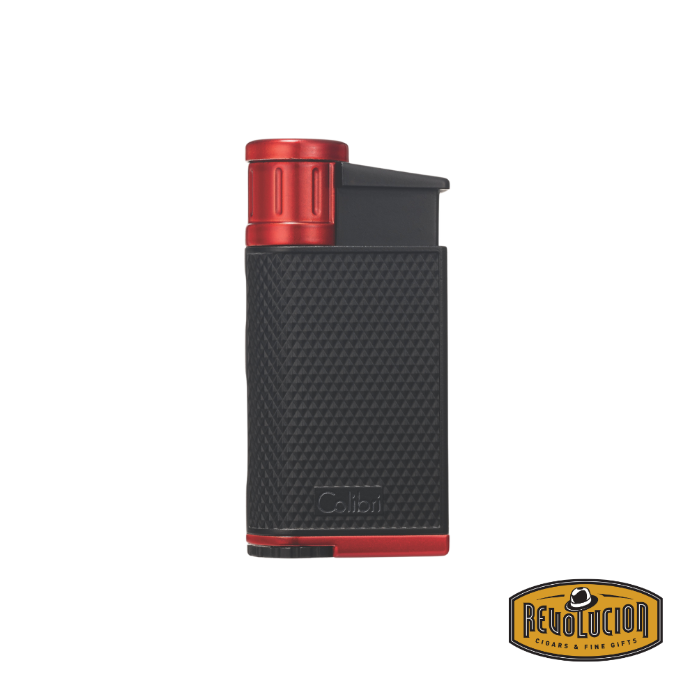 Colibri Evo Angled Single Jet Flame Lighter in Black and Red, combining a bold color scheme with precision engineering.