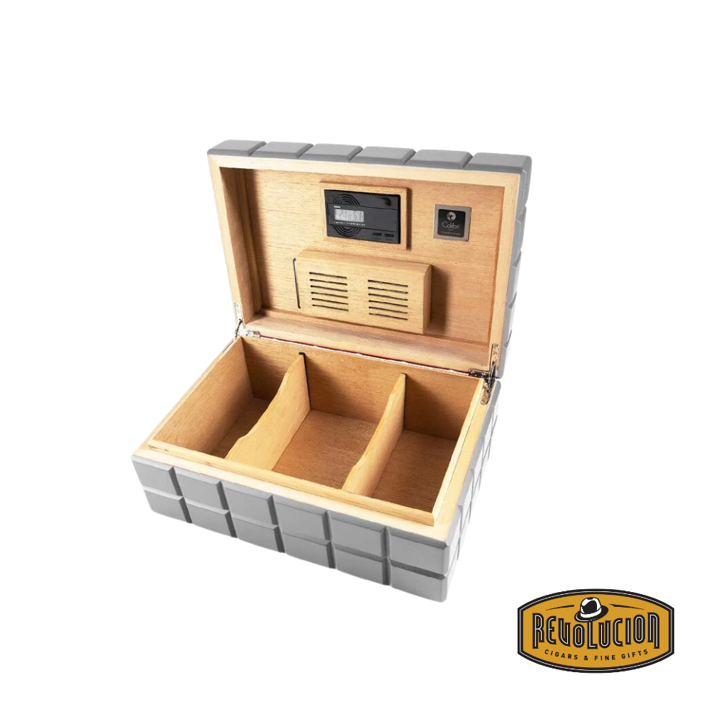 Colibri Heritage Cigar Humidor - Matte Grey 125 Count, opened to display its spacious interior with a built-in humidification system, ensuring optimal cigar preservation and freshness.