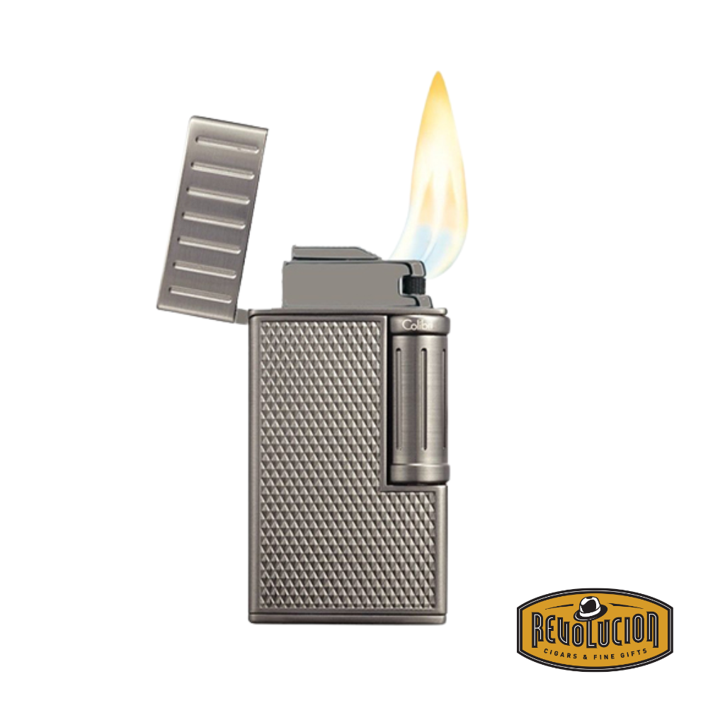 Colibri Julius Gunmetal Flint Lighter opened to reveal its robust dual soft flame, ideal for evenly lighting premium cigars.