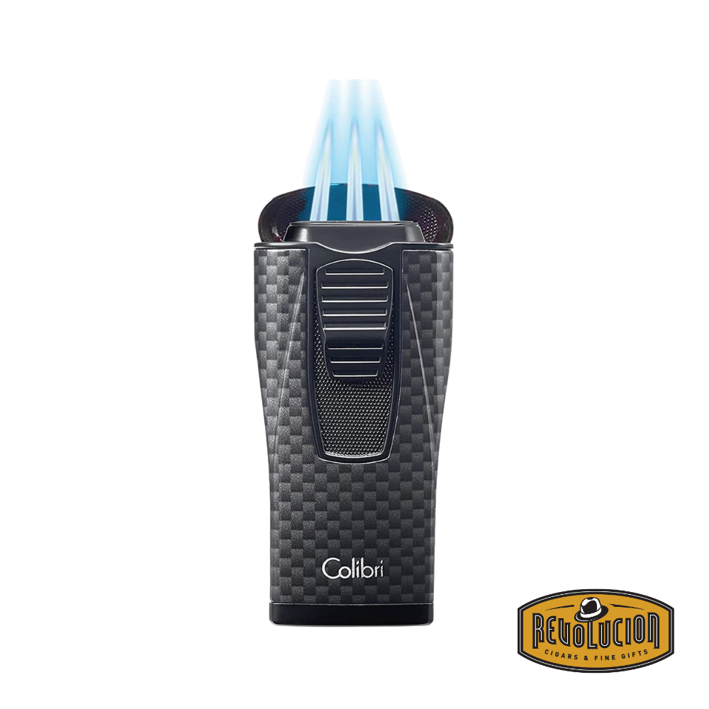 Close-up of the Colibri Monaco Triple Jet Cigar Lighter in Black Carbon Fiber, highlighting its sleek, textured finish and ergonomic design.