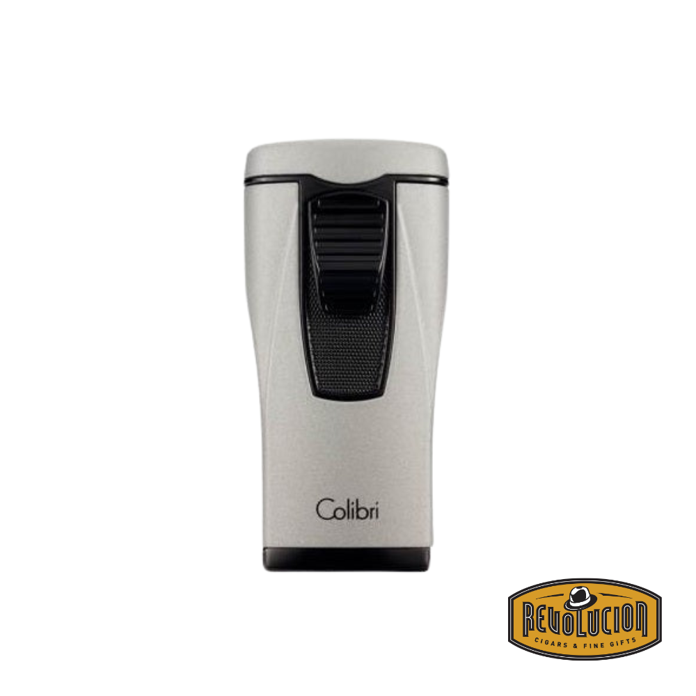 Front view of the Colibri Monaco Triple Jet Cigar Lighter in Silver, featuring a sleek metallic finish and a powerful triple-jet flame for precision lighting.