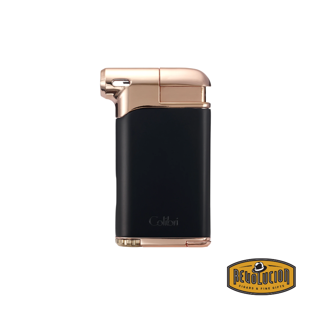 Colibri Pacific Air Soft Single Flame Lighter – Black & Rose Gold, stylish luxury finish, front view.