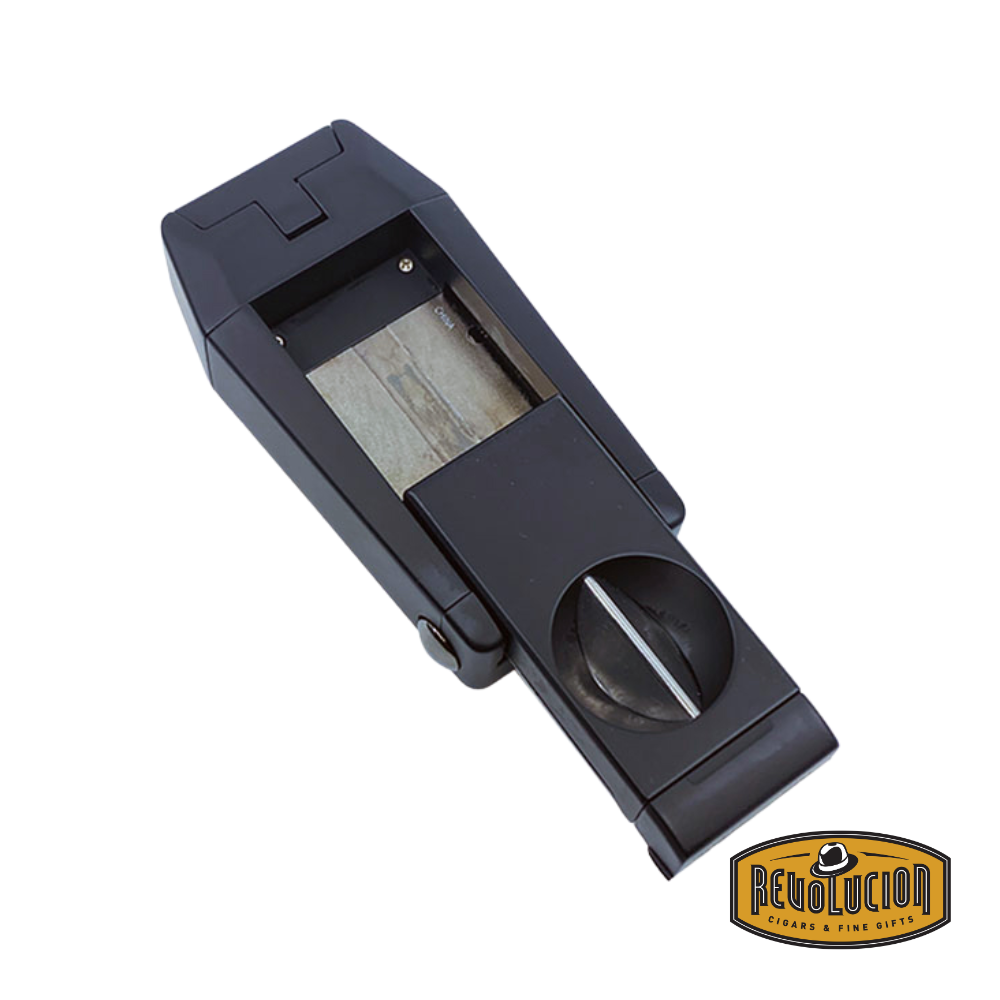Colibri Quantum Triple Jet Lighter in Black, showcasing the built-in V-cutter for precision cigar cutting.
