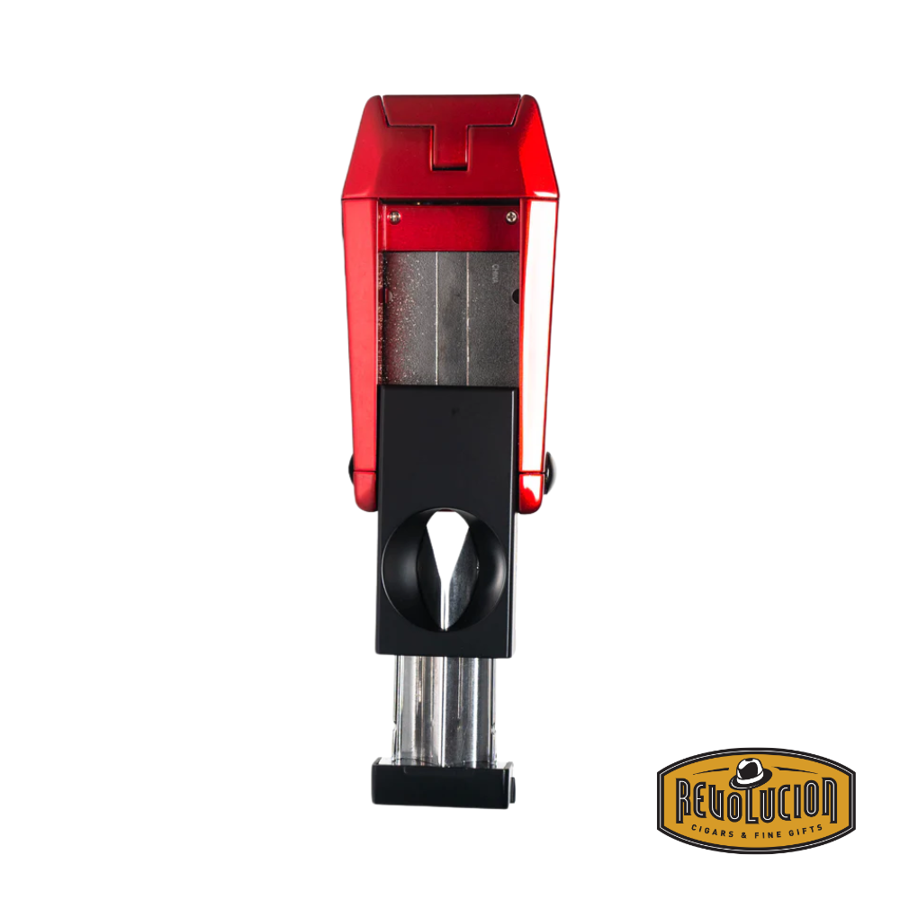 Colibri Quantum Triple Jet Lighter in Red & Black, highlighting the built-in V-cutter for precision cigar cutting.