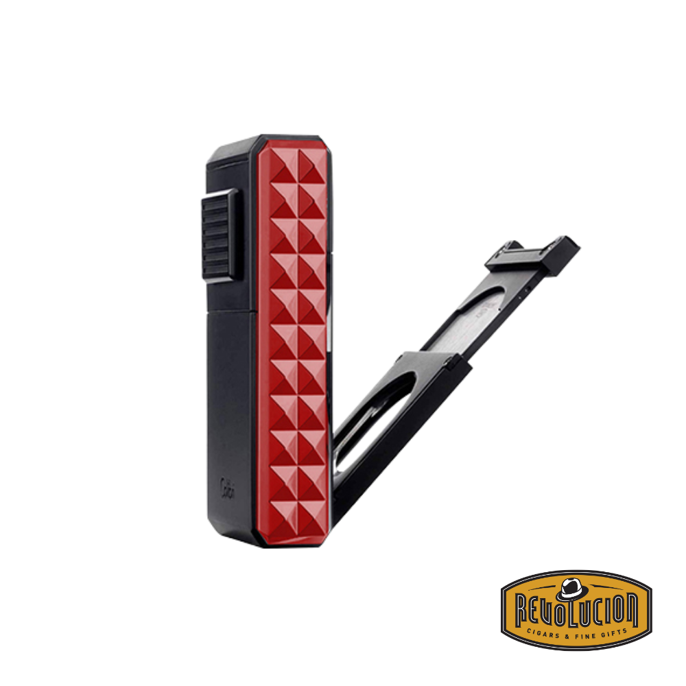 Colibri Quasar Astoria Triple-Jet Lighter in Red, featuring its integrated straight cutter side view for a clean and accurate cut.