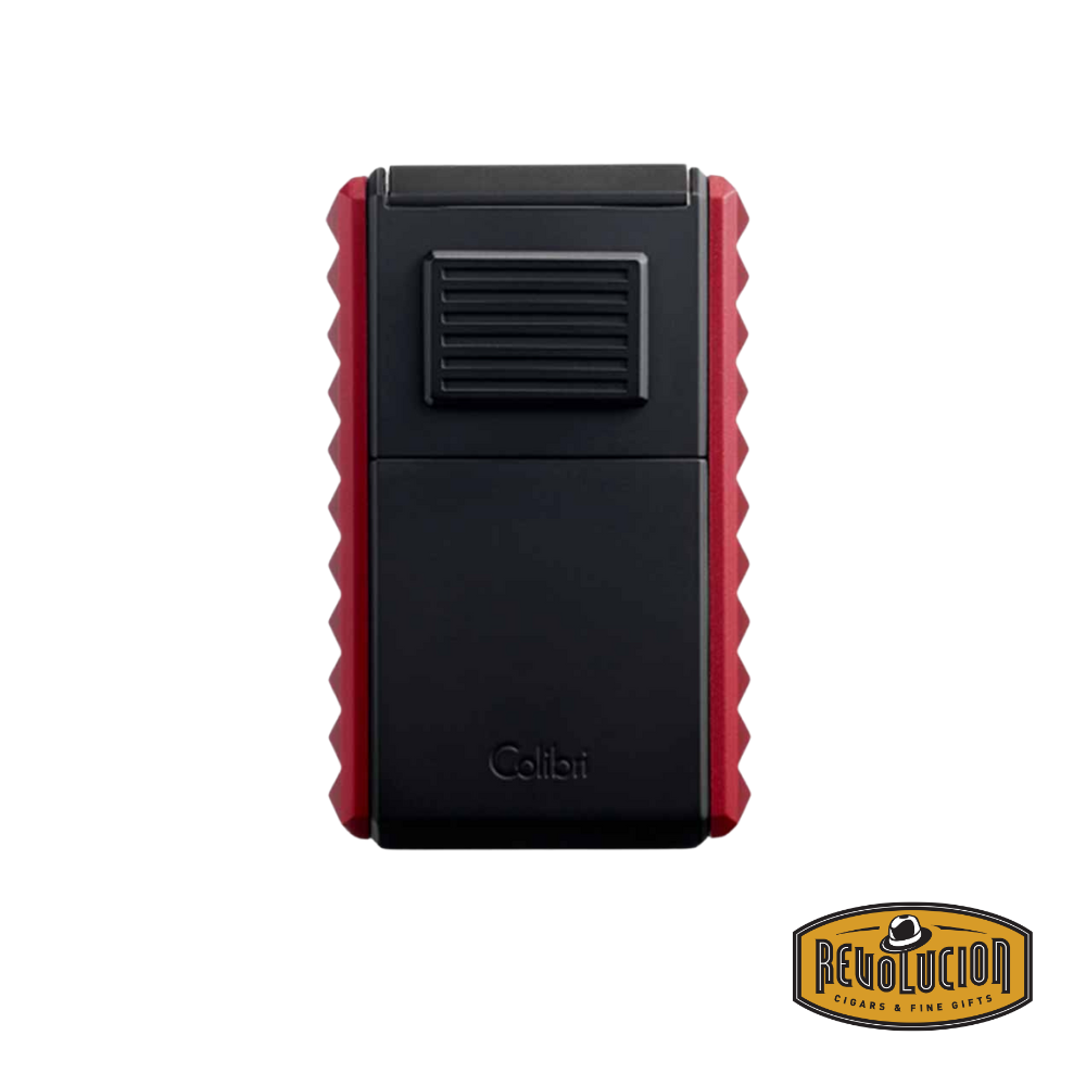 Colibri Quasar Astoria Triple-Jet Lighter in Red, showcasing its bold and modern front design.