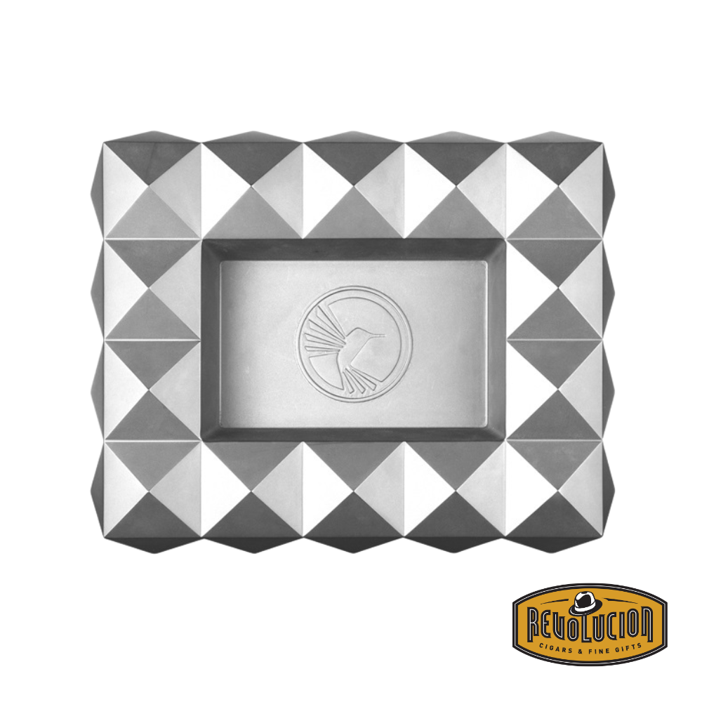Front view of the Colibri Quasar Single Metal Alloy 6 Cigar Ashtray in silver, showcasing its signature geometric pattern and six cigar rests.