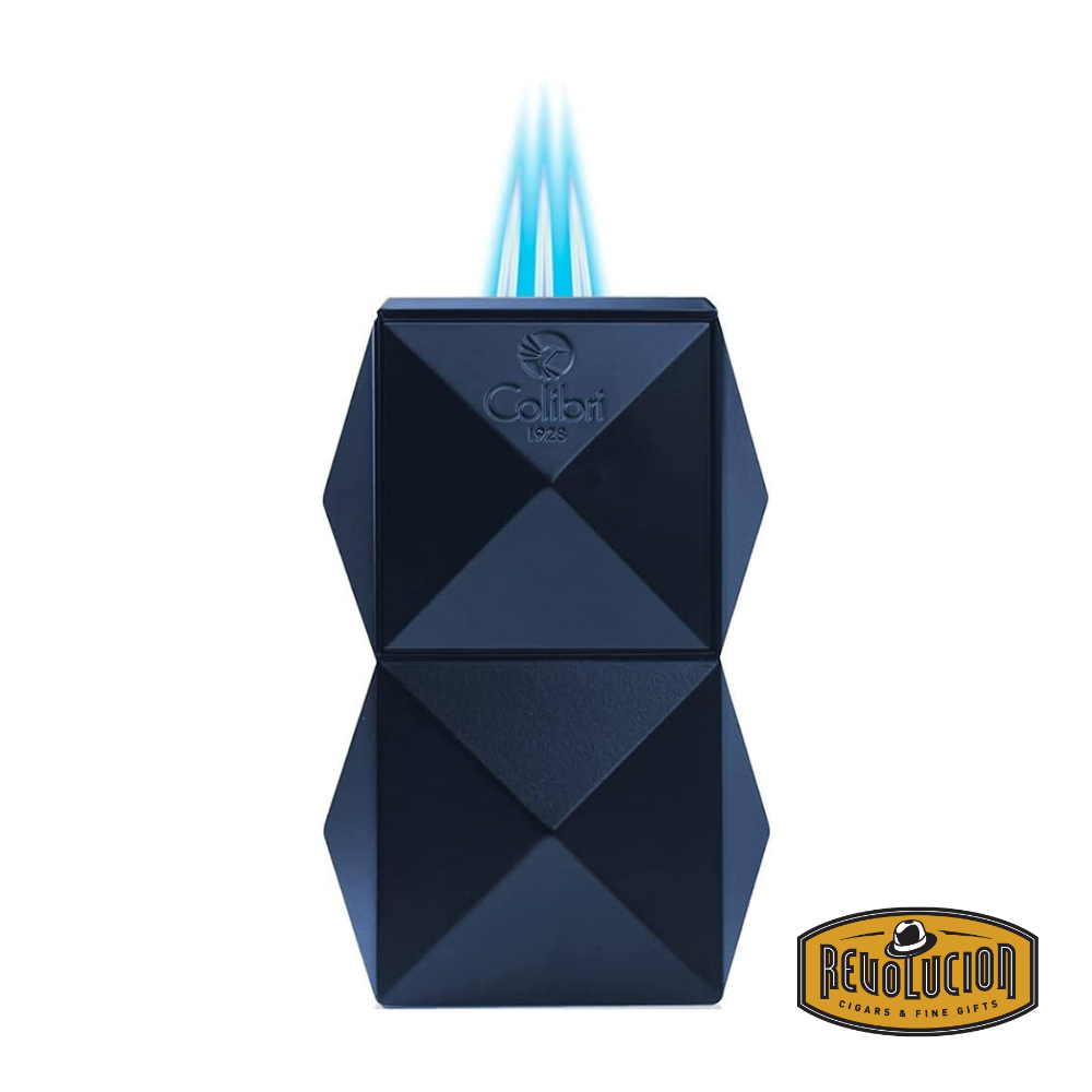 Colibri Quasar Triple Flame Table Lighter in Blue, showing three strong flames for an even burn.