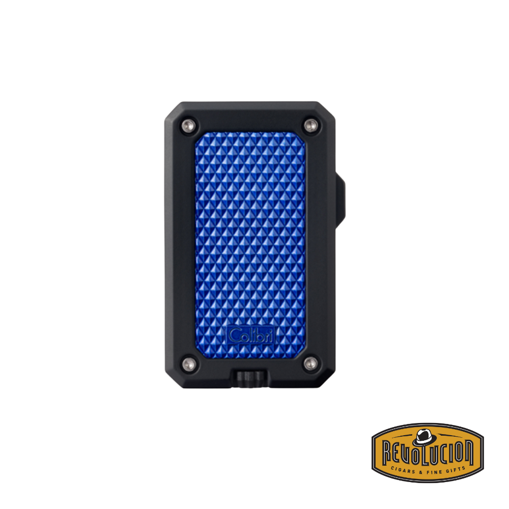 A stylish blue and black jet flame lighter with a bold color combination and ergonomic contours.