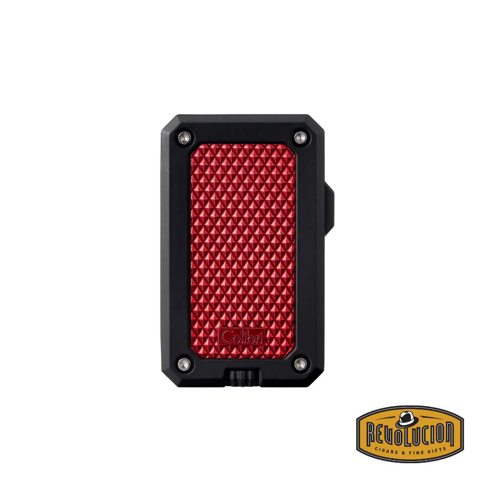 A striking black and red single jet flame lighter with a sporty contrast and a streamlined body.