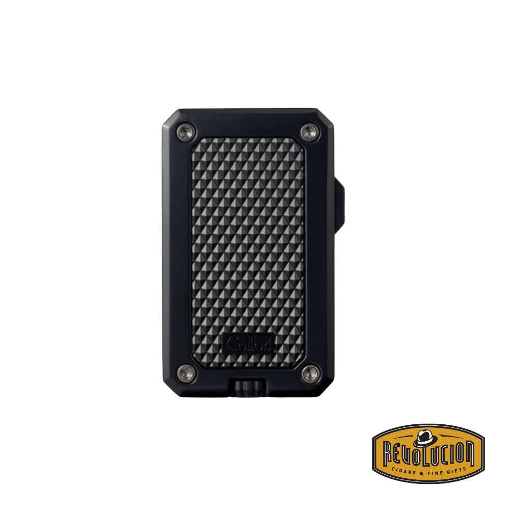 A sleek and modern jet flame lighter in matte black with a textured grip and a minimalist design.