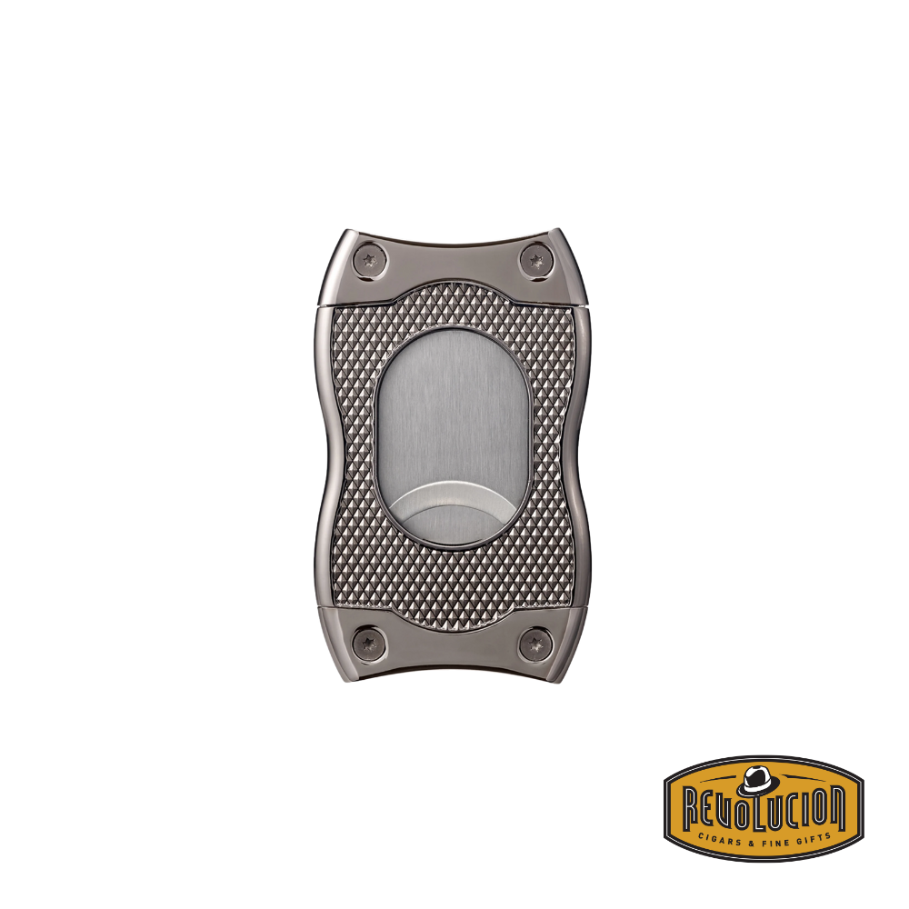 A gunmetal Colibri SV cigar cutter showcasing the V-cut blade, designed for deep and precise cuts.