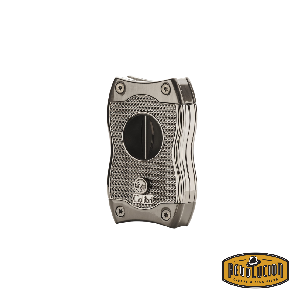 A gunmetal Colibri SV cigar cutter showcasing the V-cut blade, designed for deep and precise cuts.