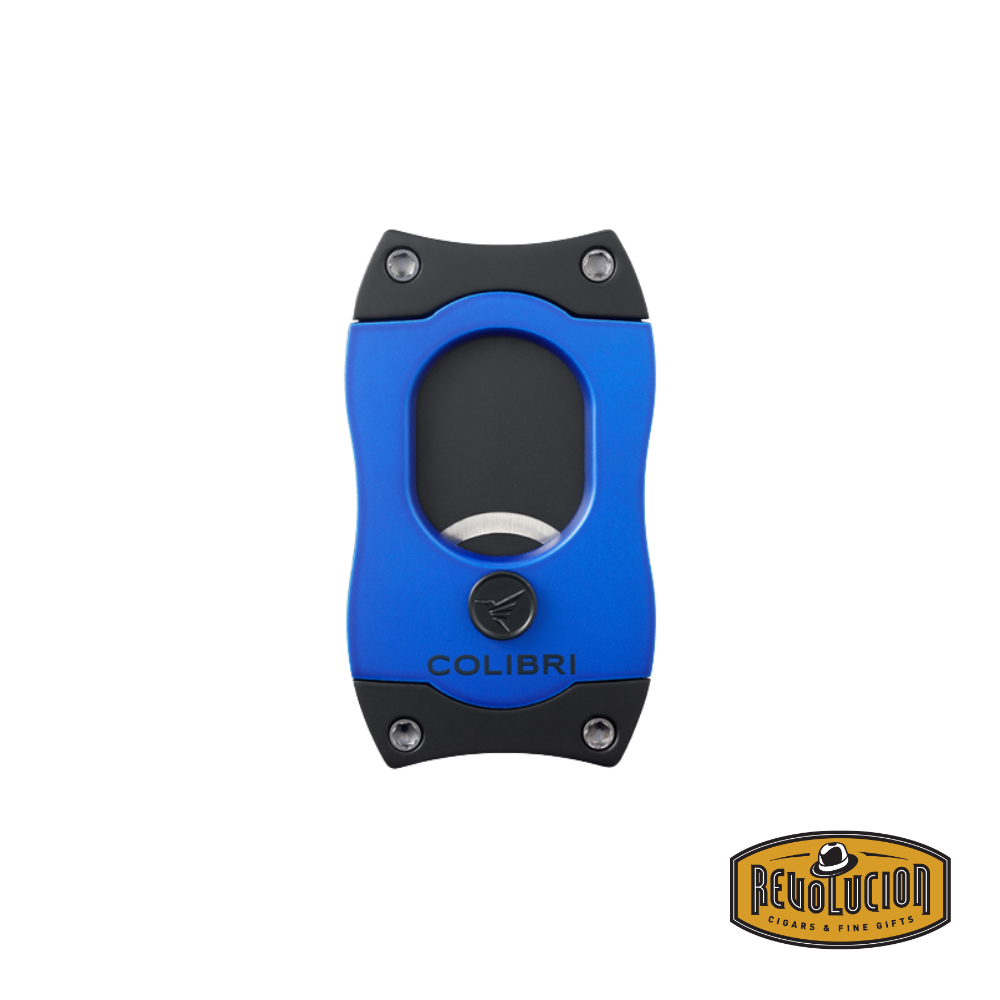 A stylish blue and black Colibri S-Cut cigar cutter with a contoured ergonomic design and premium finish.