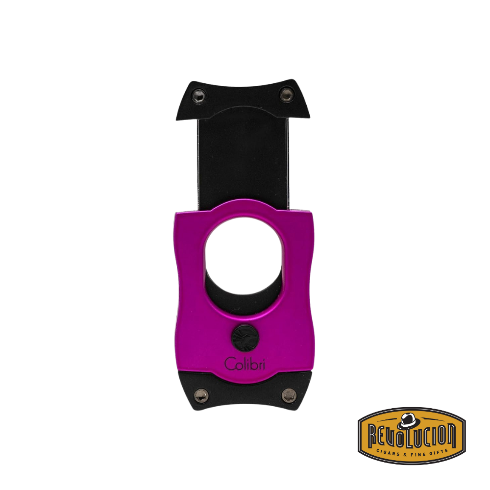 The Colibri S-Cut cigar cutter in pink and black, featuring its sharp stainless-steel blade in an open position, ready for a clean cigar cut.