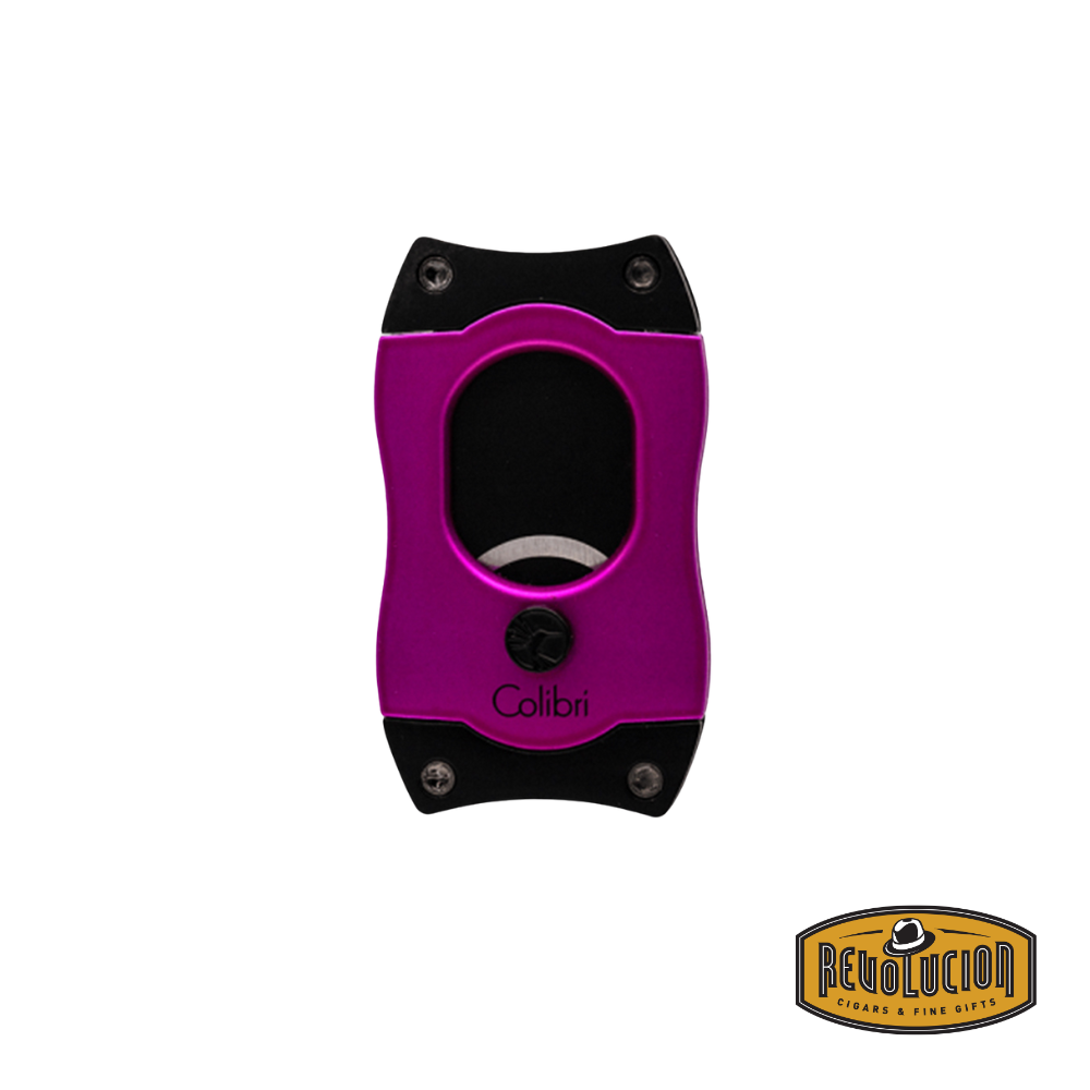 A sophisticated pink and black Colibri S-Cut cigar cutter with a sleek ergonomic body and a high-quality finish.