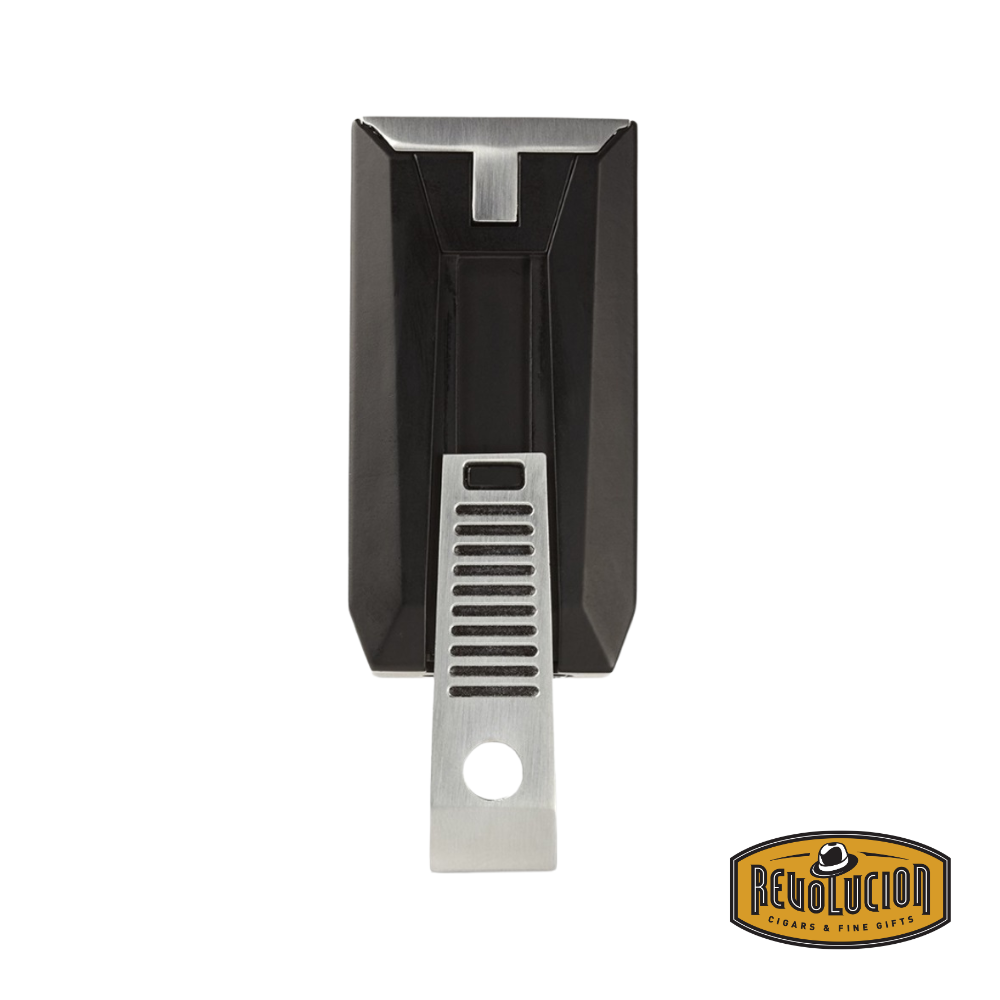 Colibri Slide Double Jet Flame Lighter in Chrome & Matte Black, back view with built-in punch cutter.