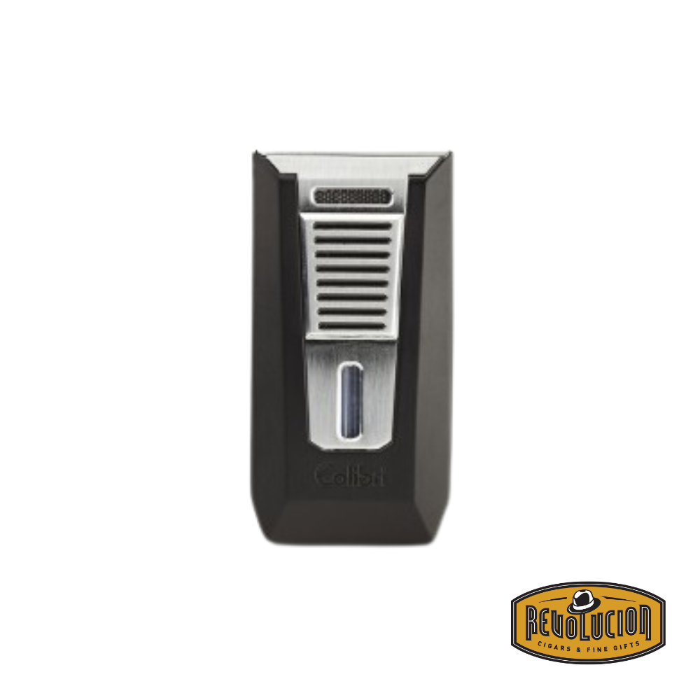 Colibri Slide Double Jet Flame Lighter in Chrome & Matte Black, showcasing its sleek front design.