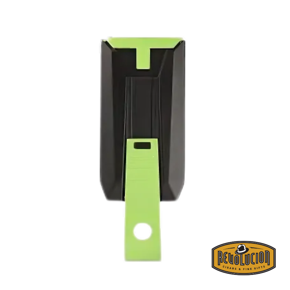 Colibri Slide Double Jet Flame Lighter in Green & Black, back view showcasing the built-in punch cutter.