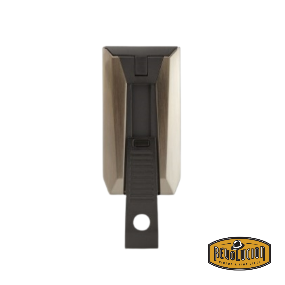 Colibri Slide Double Jet Flame Lighter in Gunmetal & Matte Black, back view showcasing the built-in punch cutter.