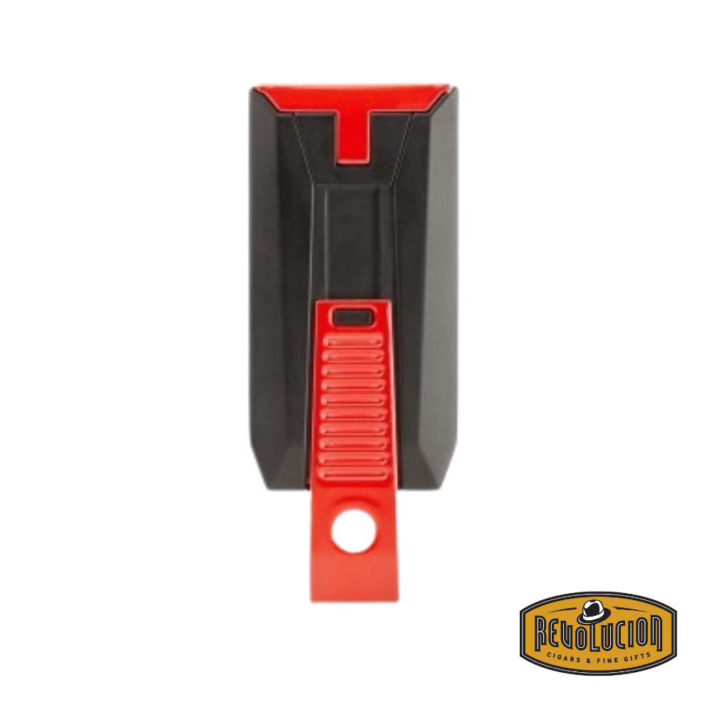Colibri Slide Double Jet Flame Lighter in Red & Black, back view showcasing the built-in punch cutter.