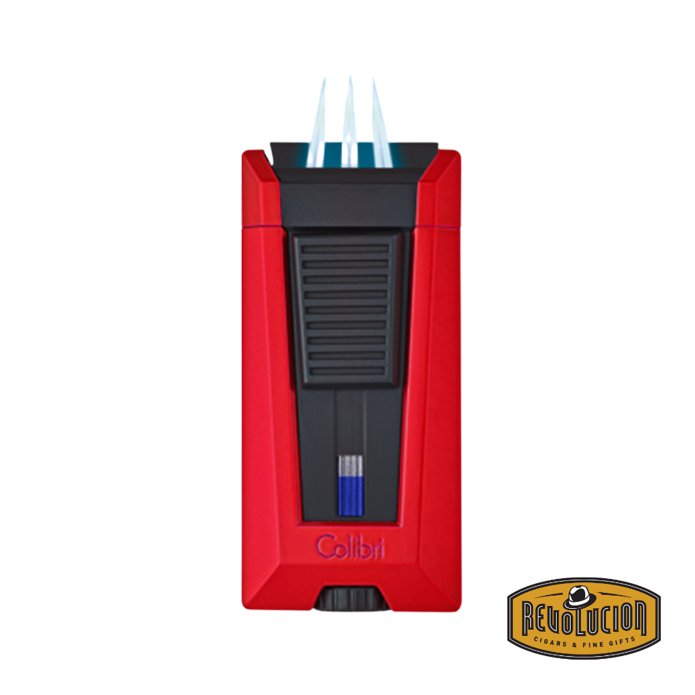 Colibri Stealth 3 Triple Flame Cigar Lighter in Red, opened with three powerful jet flames ignited.