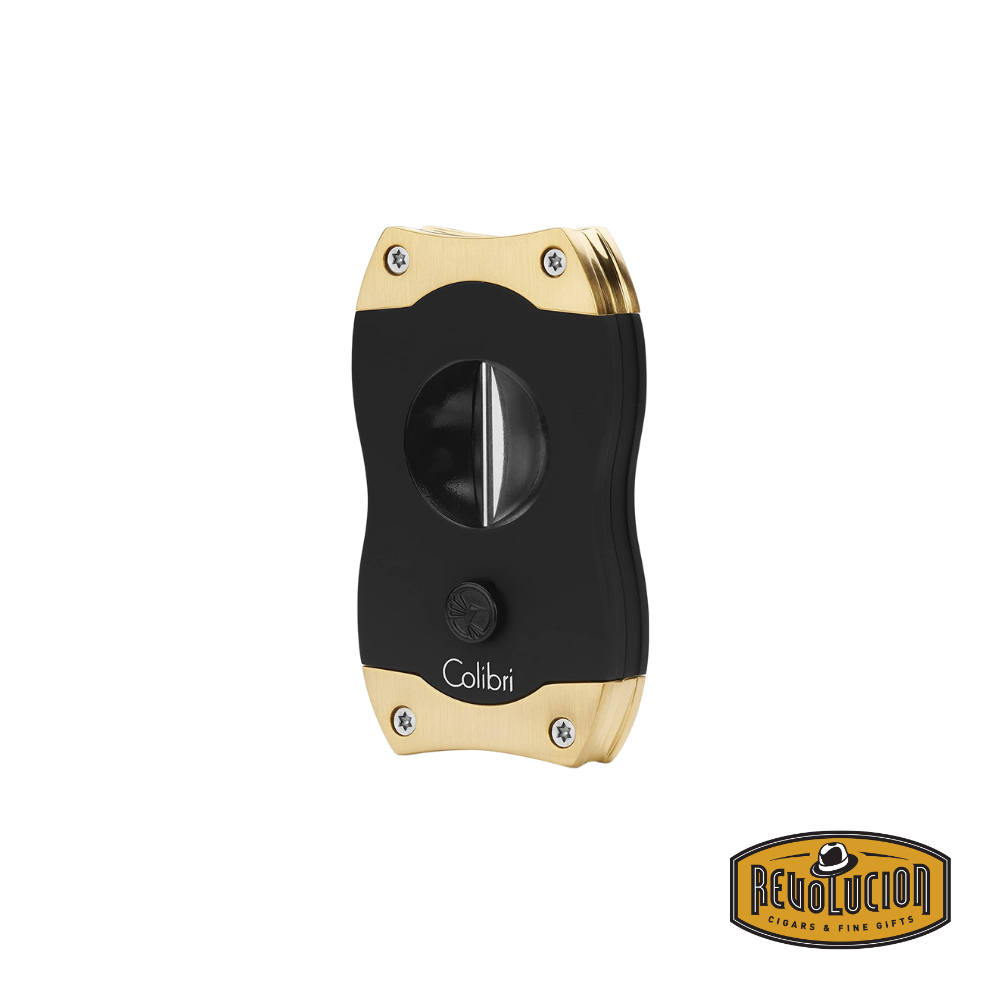 A luxurious black and gold Colibri V-cut cigar cutter with a premium stainless steel blade, crafted for elegance and precision.