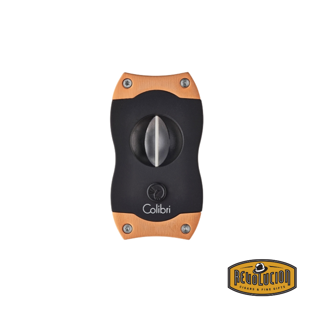 A stylish black and rose gold Colibri V-cut cigar cutter with a high-quality stainless steel blade, designed for a smooth and efficient cut.