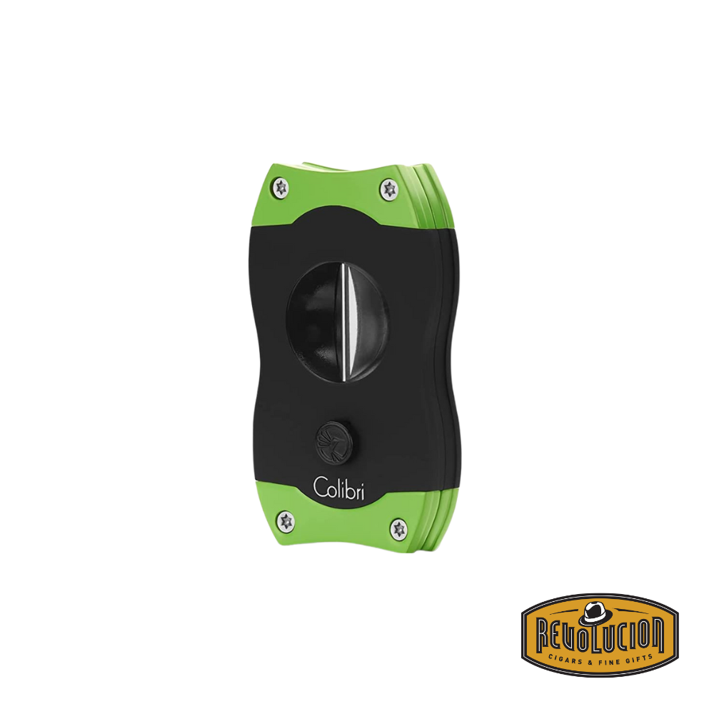 A sleek black and green Colibri V-cut cigar cutter with a razor-sharp stainless steel blade, ensuring an effortless V-cut every time.