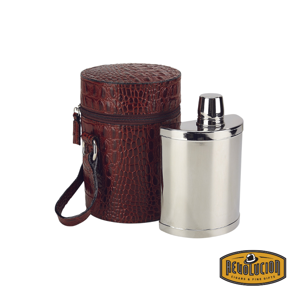 Concord Double Flask Set with Leather Case in Brown Crocodile, showcasing an elegant 20oz double flask with a rich brown crocodile-patterned finish, complemented by a high-quality leather case for added sophistication.